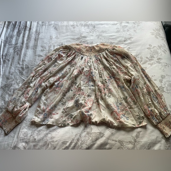 Anthropologie Cream Floral Smocked Long Sleeve Lurex Blouse Medium Peasant Boho - Picture 5 of 10